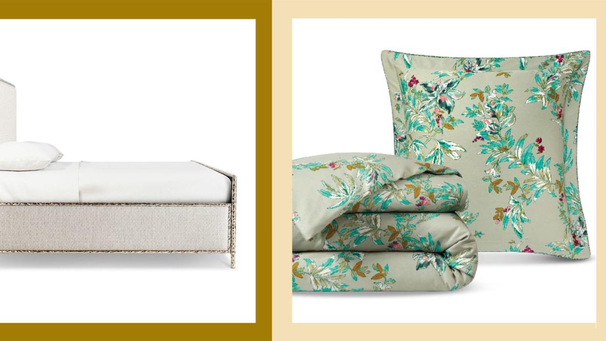 on the left a linen bed with high headboard and patterned trim and on the right a blanket and pillow in sage with green viney pattern with red bud berries