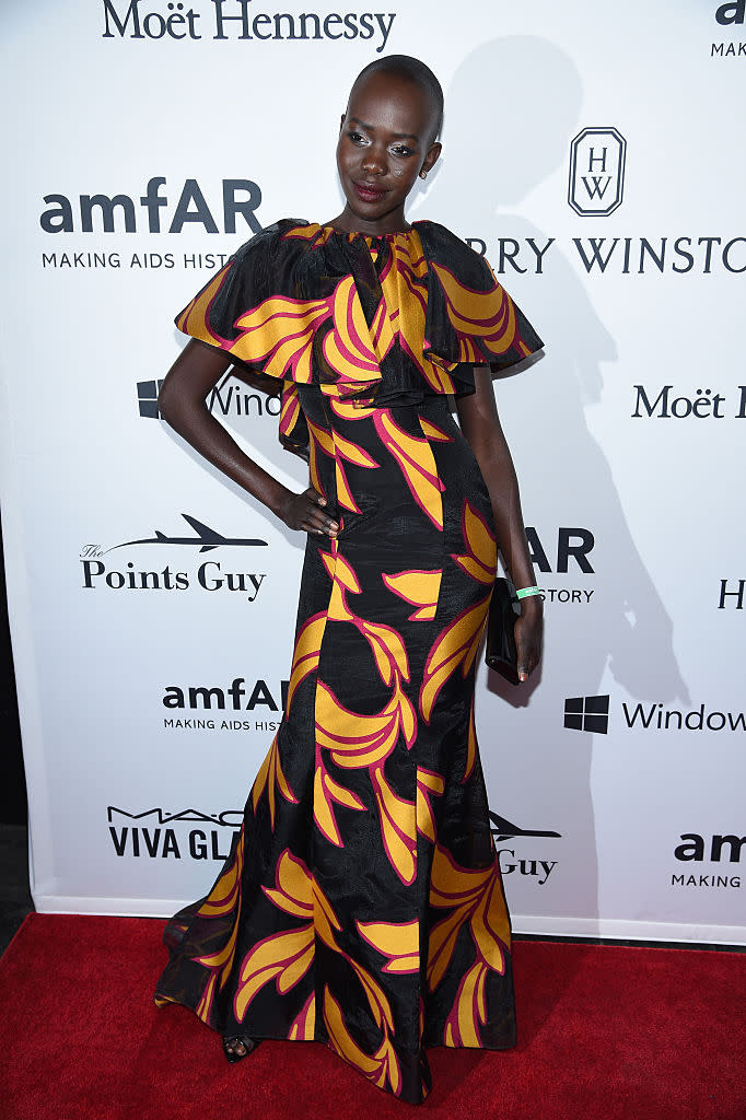 <p>The stunning model worked this boldly-patterned Christian Siriano dress at the amfAR Inspiration Gala.<i> (Photo by Dimitrios Kambouris/Getty Images)</i><br><br></p>