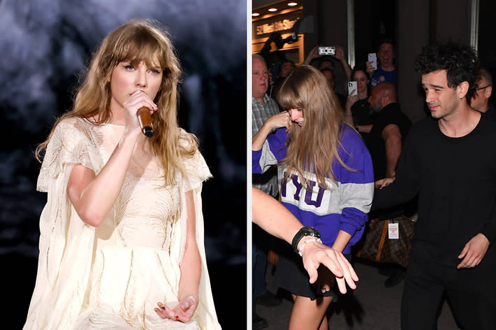 Taylor Swift performing on stage and walking with Joe Alwyn, both casually dressed