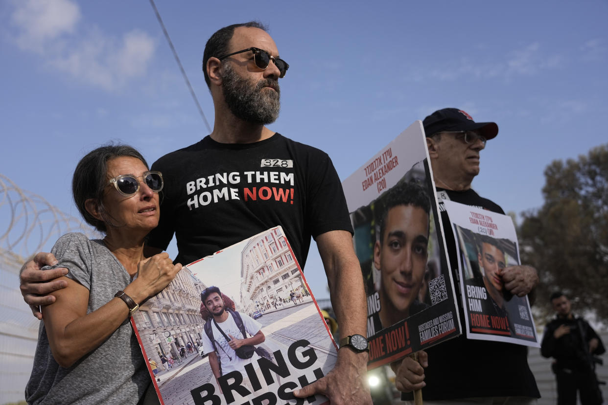 Rachel Goldberg, left, and Jon Polin, parents of Israeli American hostage Hersh Goldberg-Polin, join other relatives of hostages held in the Gaza Strip at a protest on Aug. 29.