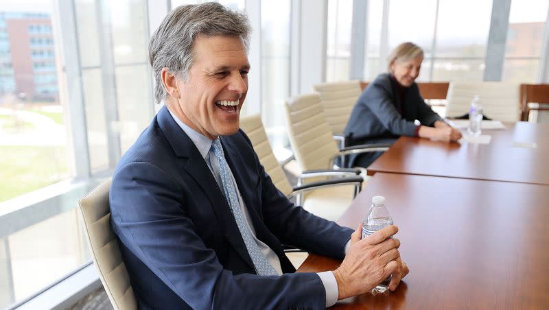 University of Utah impact scholar Tim Shriver answers interview questions in the Beverly Taylor Sorenson Arts and Education Complex at the University of Utah in Salt Lake City on Wednesday, April 19, 2023.