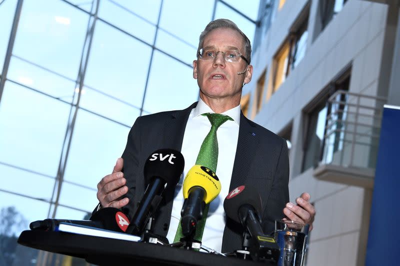 SAS CEO Rickard Gustafson speaks during a news conference on the company's situation due to the outbreak of coronavirus, at the company's headquarters in Stockholm