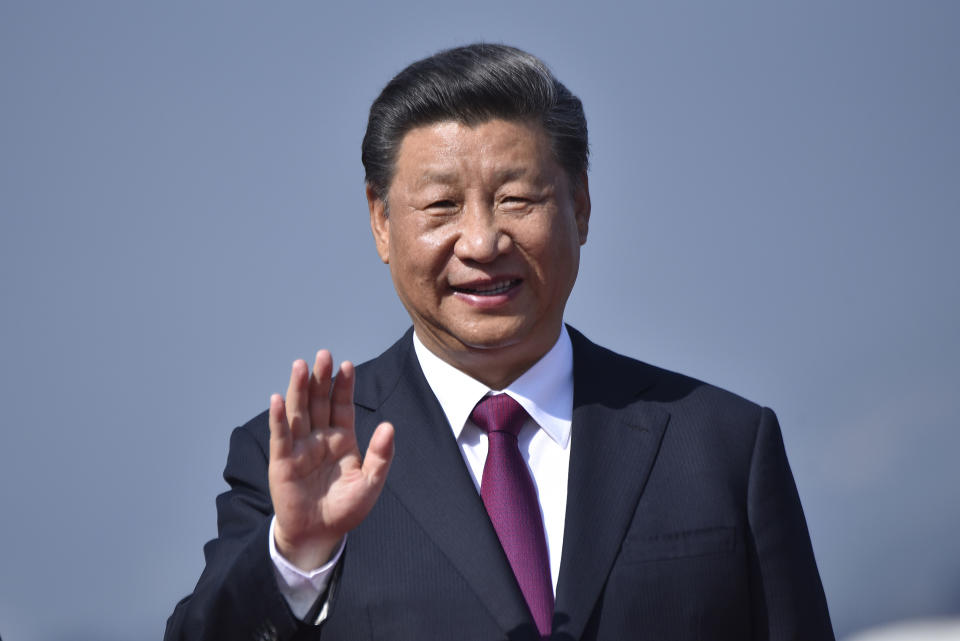 Chinese President Xi Jinping wave his hand as returned home after completing the two-day state visit of Nepal on Sunday, October 13, 2019. (Photo by Narayan Maharjan/NurPhoto via Getty Images)