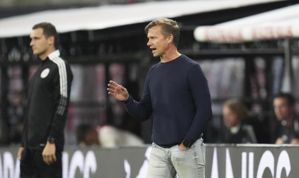 Leipzig's head coach Jesse Marsch during the German Bundesliga soccer match between RB Leipzig and VfB Stuttgart in Leipzig, Germany, Friday, Aug. 20, 2021. (AP Photo/Michael Sohn)