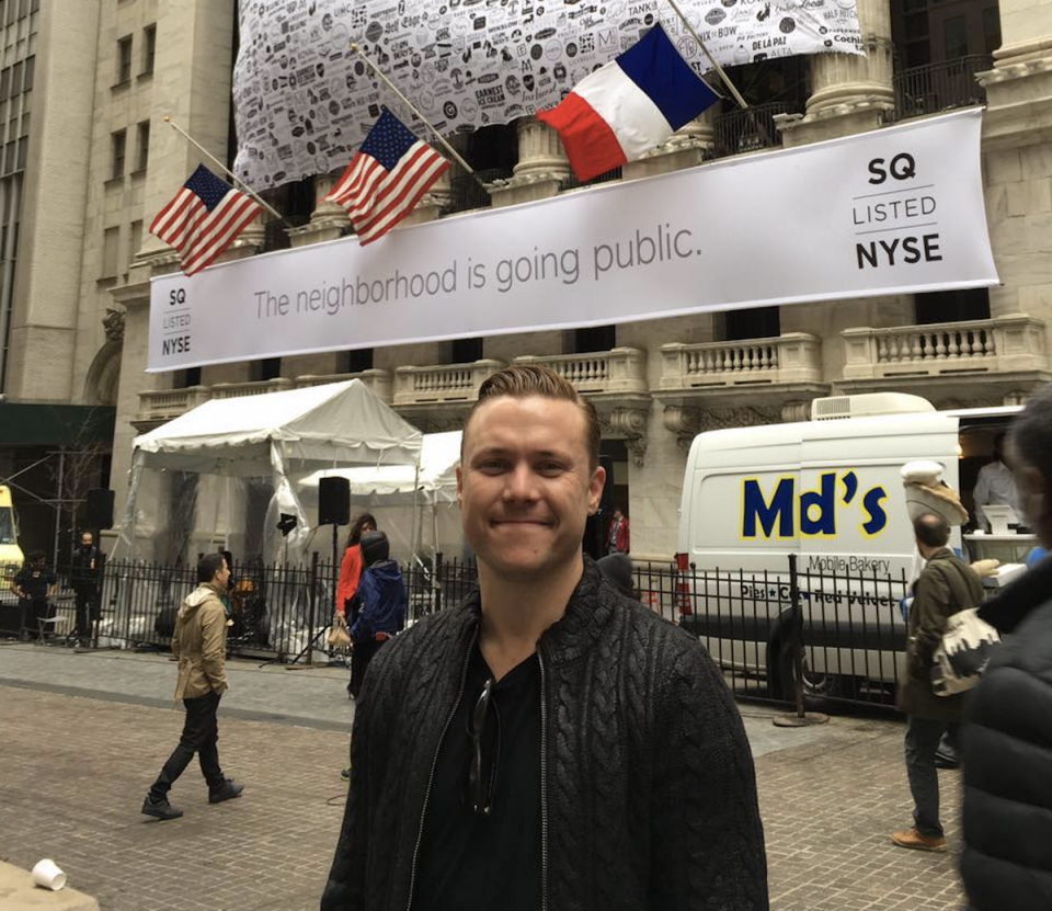 Bob Lee pictured at the New York Stock Exchange in 2015 on the day that Square, now known as Block,  was listed as a public company (Facebook / Bob Lee)