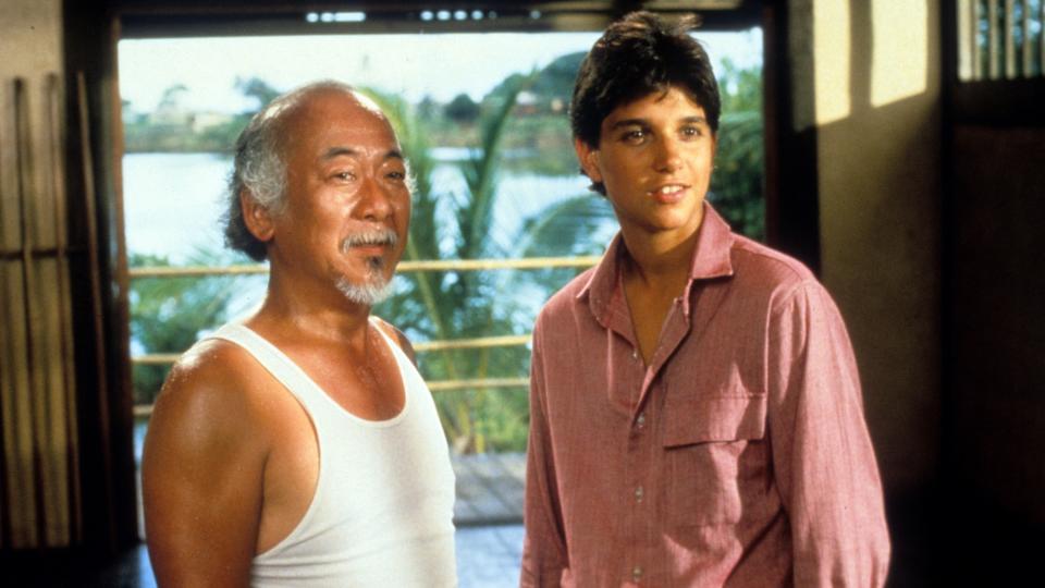 Pat Morita as Mr. Miyagi and Ralph Macchio as Daniel LaRusso in The Karate Kid