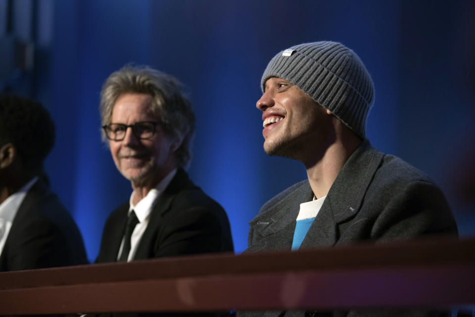 Comedians Pete Davidson, right, and Dana Carvey laugh at the start of the 24th Annual Mark Twain Prize for American Humor at the Kennedy Center for the Performing Arts, Sunday, March 19, 2023, in Washington. (AP Photo/Kevin Wolf)