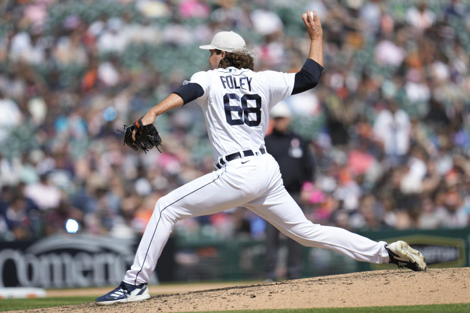 Detroit Tigers relief pitcher Jason Foley throws against the Seattle Mariners in the seventh inning of a baseball game, Sunday, May 14, 2023, in Detroit. (AP Photo/Paul Sancya)