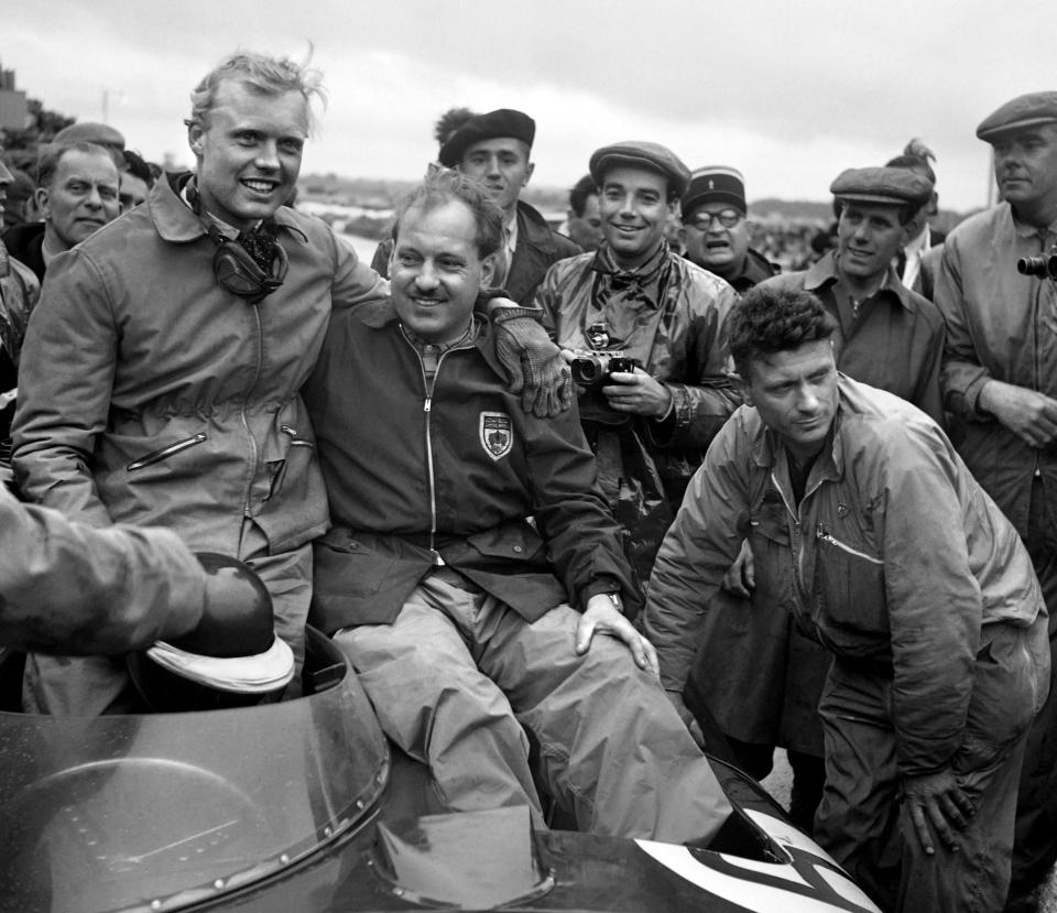 Hawthorn (left) and his teammate Ivor Bueb celebrate after they win the 1955 raceAFP/Getty