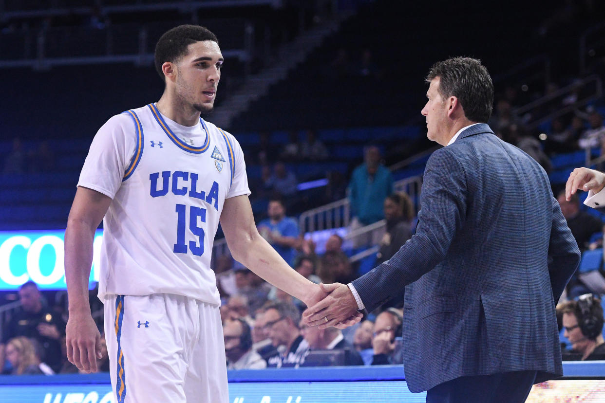 The arrest of LiAngelo Ball (pictured with UCLA Coach Steve Alford) became the butt of relentless jokes from TNT's analysts. (Photo: Icon Sportswire via Getty Images)