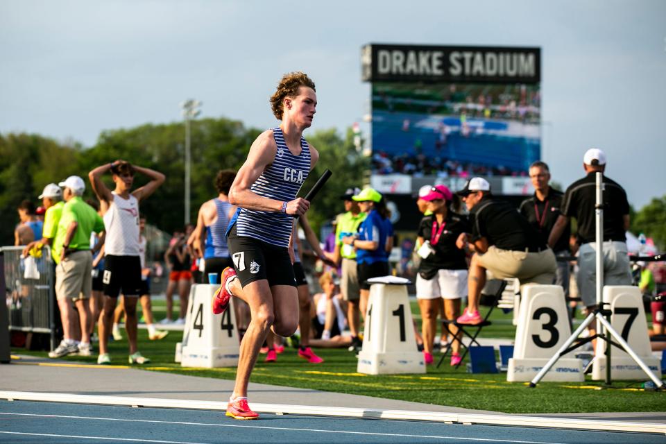 Clear Creek Amana's Isaac Sorensen runs the anchor leg in the Class 3A 4x800 meter relay during the boys state track and field meet on May 18, 2023, at Drake Stadium in Des Moines. Sorensen was named Press-Citizen Athlete of the Week.