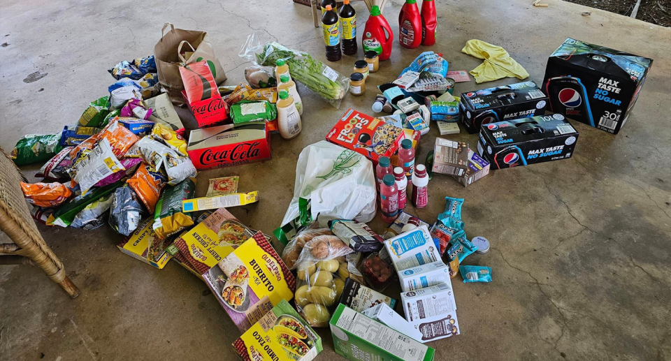 The 'shocking' $800 delivery on the front porch with cases of soft drinks, vegetables and burrito packets visible. 