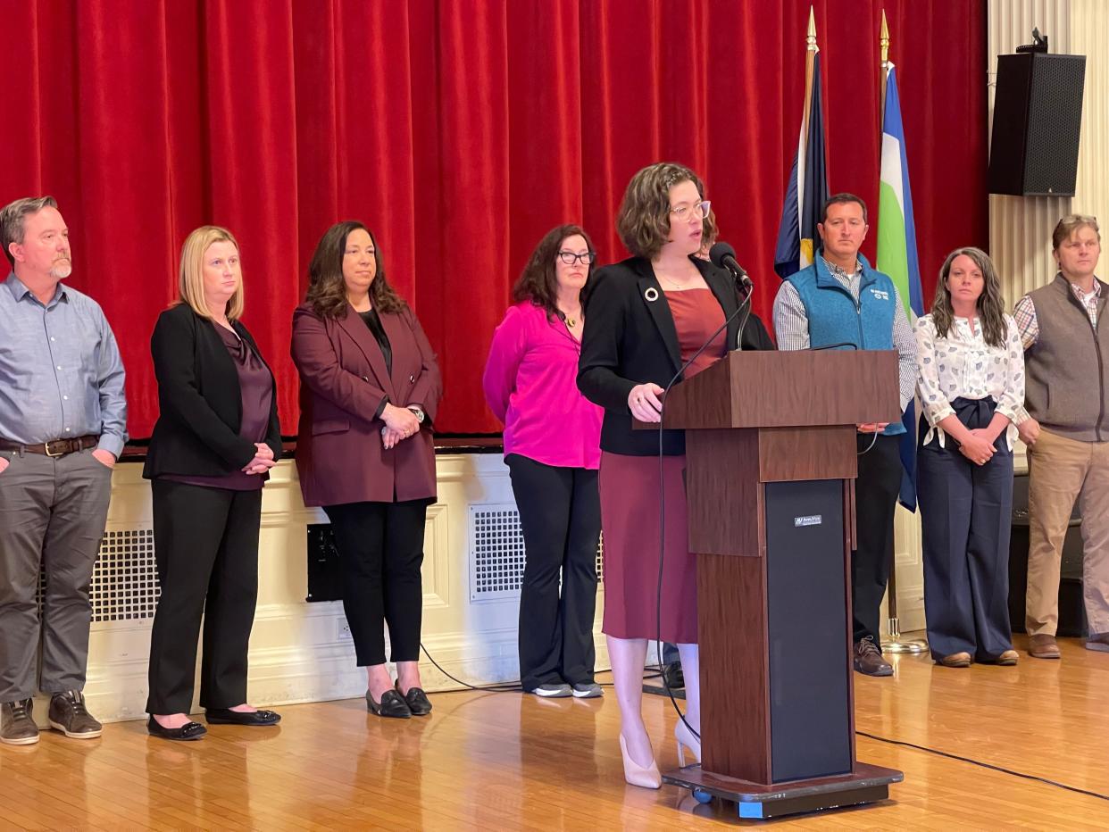 Burlington Mayor Emma Mulvaney-Stanak speaks at a press conference in Contois Auditorium April 25, 2024. She addressed the city's budget deficit and plans for FY25.