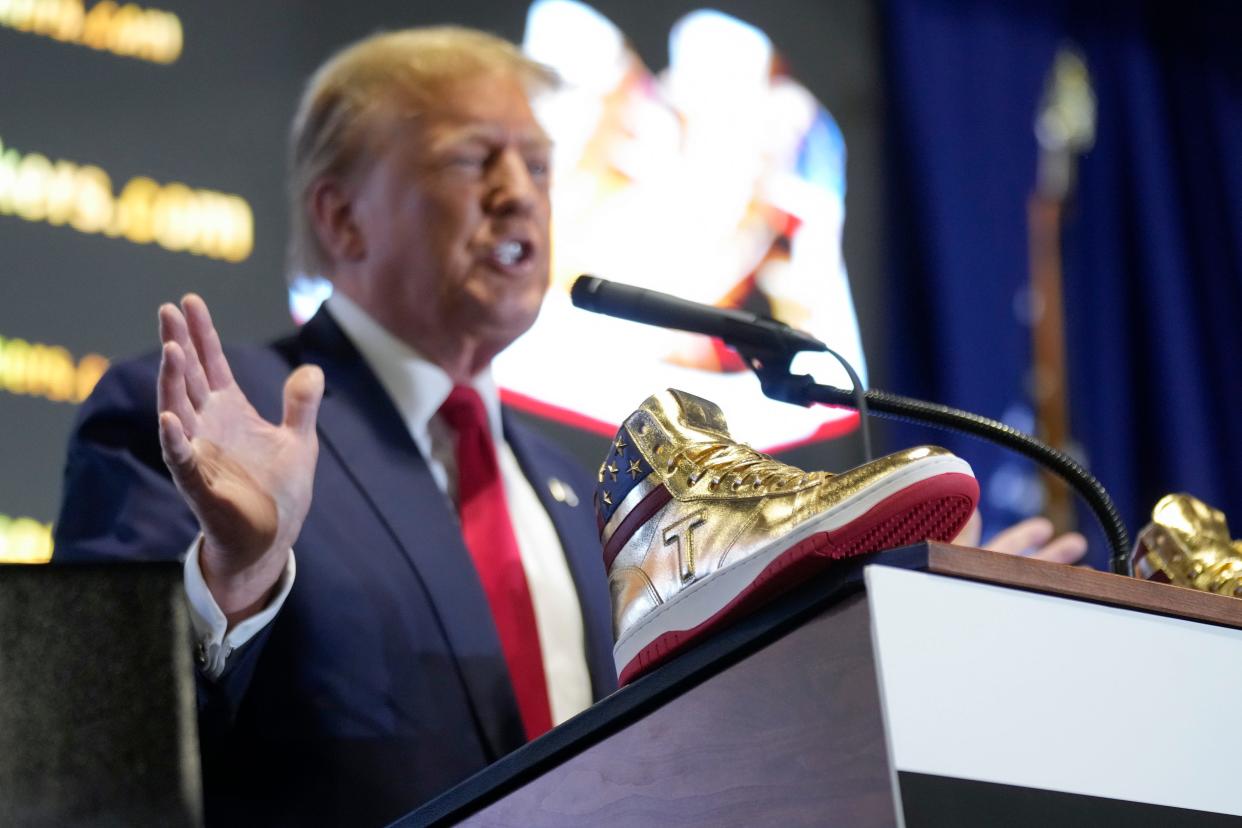 Donald Trump pitched his $399 “Never Surrender High-Tops” at Sneaker Con Philadelphia on Saturday, Feb. 17.