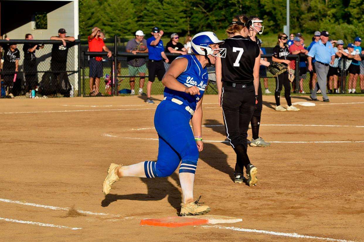 Van Meter's Cali Richards celebrates after hitting a home run during a Class 2A regional final softball game against Pocahontas Area on Monday, July 10, 2023, in Van Meter.