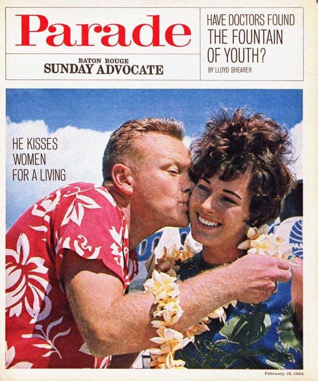 <p>The lei hanging off this guy’s arm on our <em>Parade</em> cover is the giveaway. He’s a professional “Lei Greeter of Hawaii,” a profession that had seen bachelor Peter S. Fithian smooch more than 38,000 women in the six years he’d been in business. “Those first minutes in Hawaii can be magical if the greeting is properly handled,” he said. “People all over the world have heard of the lei, the kiss, the warm welcome. My job is to see they get it.”</p>