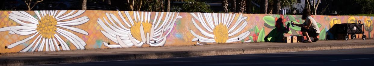 Mural artist Drake Arnold puts some finishing touches on his new work, which lines Northeast 36th Avenue near Fort King Street in Ocala.