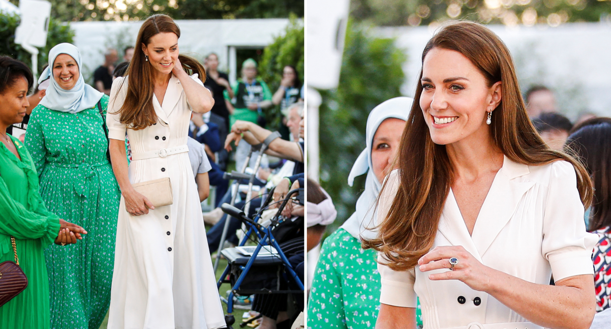 kate middleton in white dress during uring a memorial service for the Grenfell Tower fire survivors in london