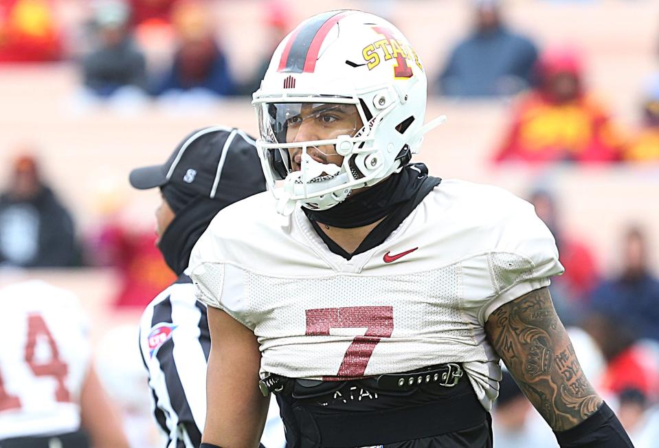 Iowa State Cyclones defensive back Malik Verdon (7) walks to his position during the university's Spring Football game at Jack Trice Stadium Saturday, April 22, 2023, in Ames, Iowa.