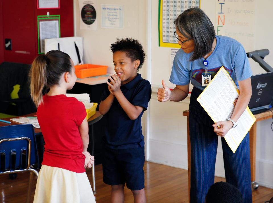 A school counselor leads an exercise with second-graders at Wilson Elementary in Oklahoma City on Sept. 10, 2019.