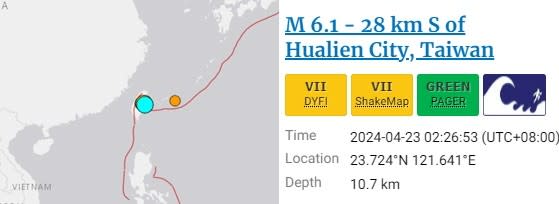 日本氣象廳和美國地質研究所USGS分別測得花蓮再度發生規模6以上強震。翻攝日本氣象廳/USGS