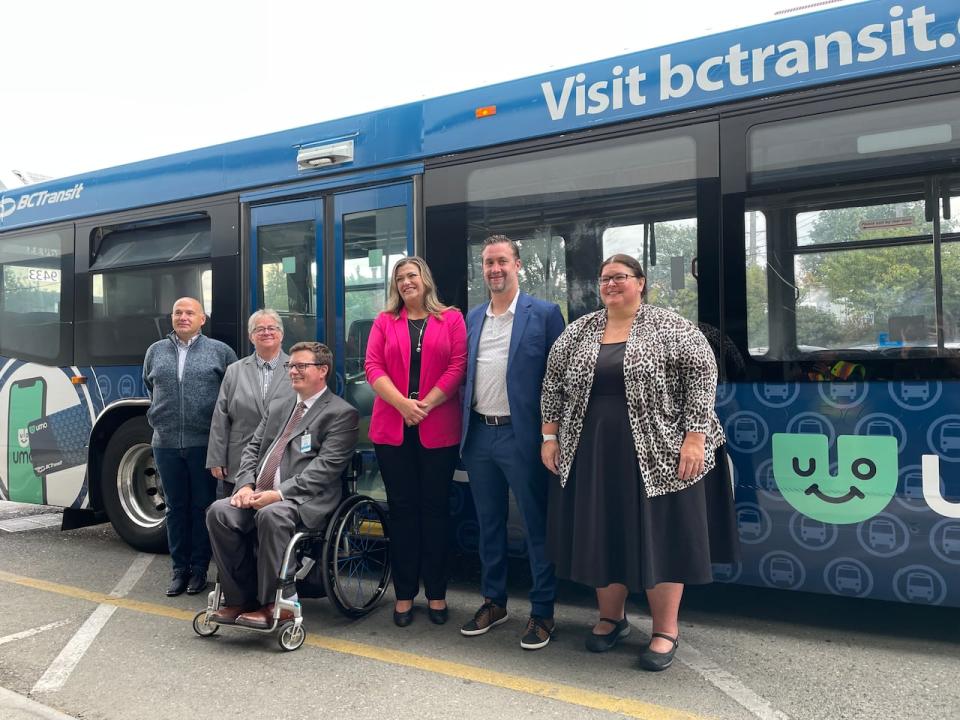 From the left, Capital Regional District board chair Colin Plant, Victoria Mayor Marianne Alto, B.C. Minister of State Infrastructure Dan Coulter, B.C. Transit vice president of strategy and public affairs Christy Ridout, the chair of the Victoria Regional Transit Commission Ryan Windsor, and Bonnie Crawford, the general manager of Umo Mobility.