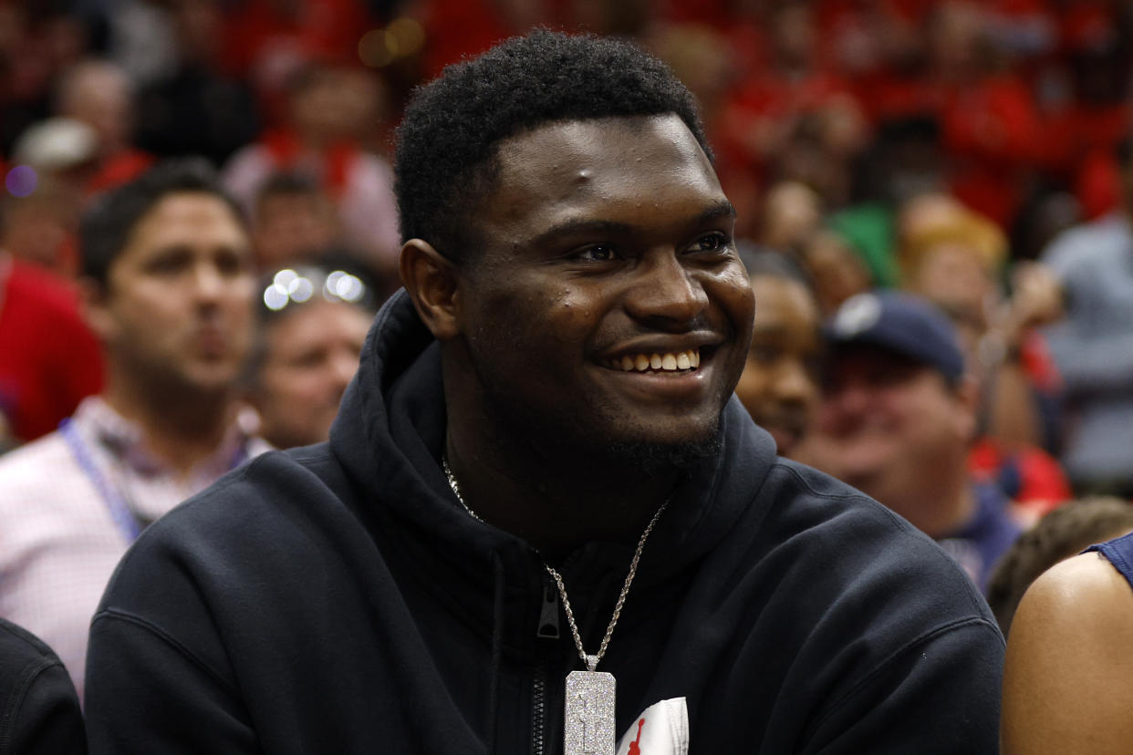 NEW ORLEANS, LOUISIANA - APRIL 28: Zion Williamson #1 of the New Orleans Pelicans looks on during the game against the Phoenix Suns at Smoothie King Center on April 28, 2022 in New Orleans, Louisiana.  NOTE TO USER: User expressly acknowledges and agrees that, by downloading and or using this Photograph, user is consenting to the terms and conditions of the Getty Images License Agreement.  (Photo by Chris Graythen/Getty Images)