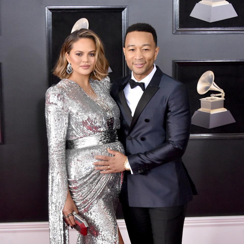 Chrissy Teigen makes red carpet maternity style look like child’s play at the 2018 Grammy Awards in New York City.