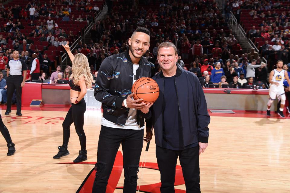 Carlos Correa made the “First Shot” for charity at a Houston Rockets game. (Twitter/@HoustonRockets)