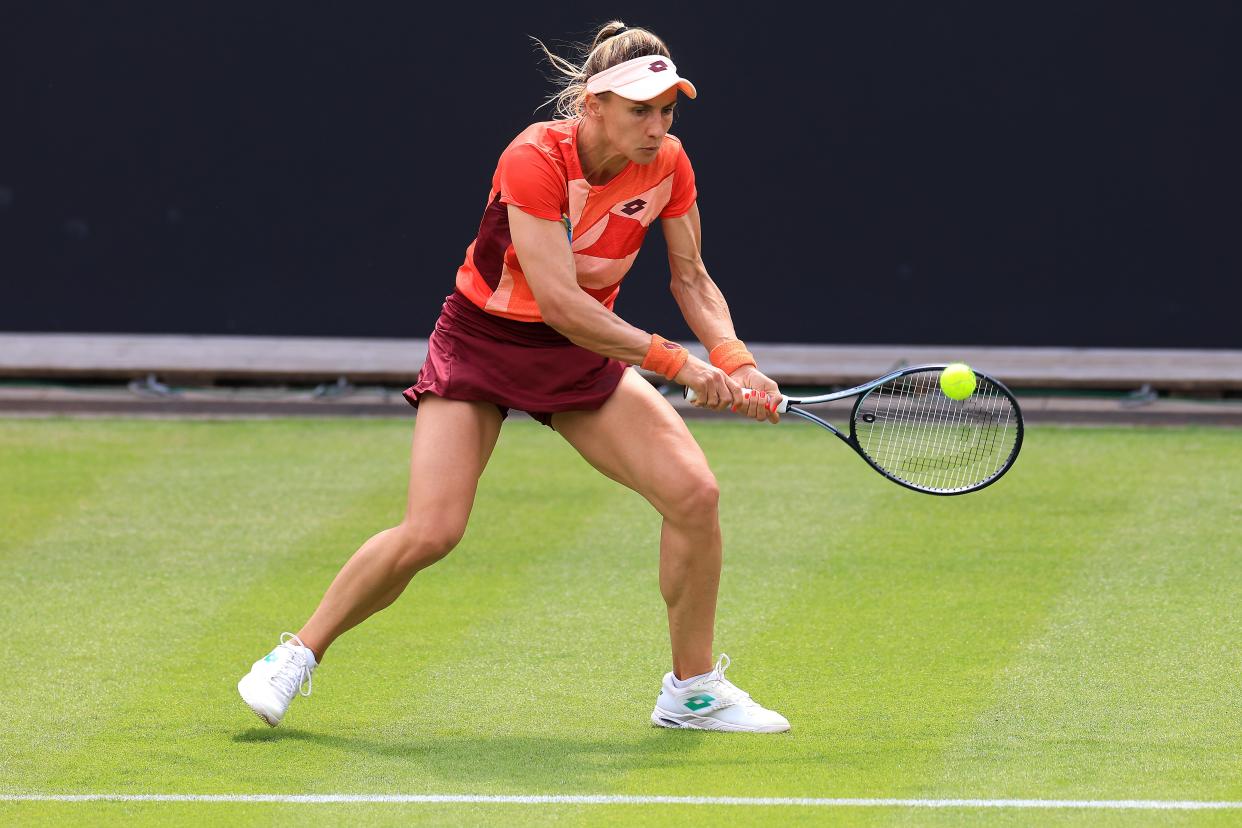 Lesia Tsurenko of Ukraine plays a backhand against Dayana Yastremska of Ukraine in a qualifying match during day one of the Rothesay Classic Birmingham at Edgbaston Priory Club (Getty Images for LTA)