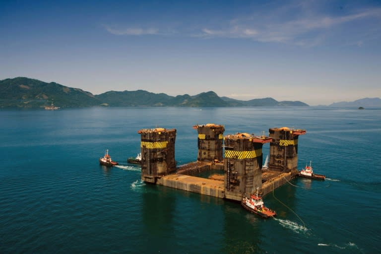 The Petrobras P-51 semi-submersible offshore oil platform construction site sits at the Brasfelf shipyard in Angra dos Reis, Brazil, on August 21, 2008