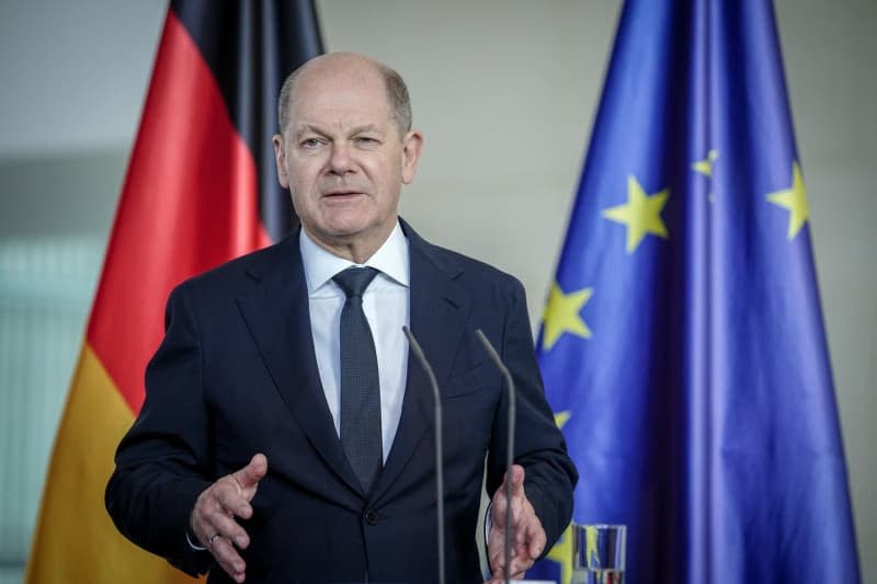 German Chancellor Olaf Scholz speaks during a press conference with Georgian Prime Minister Irakli Kobakhidze after their meeting at Federal Chancellery Kay Nietfeld/dpa