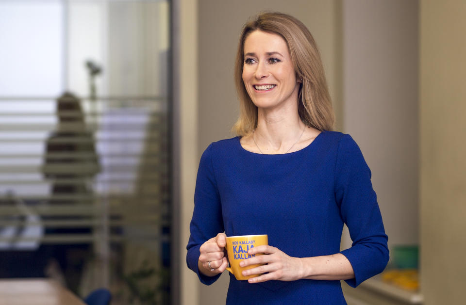 In this photo taken on Tuesday, Feb. 26, 2019, Chairwoman of the Reform Party Kaja Kallas poses for a photo in Tallinn, Estonia. Nearly a million people are eligible to vote Sunday, March 3, 2019 to choose Estonia’s 101-seat Riigikogu legislature, where the outgoing prime minister and his Center Party is pitted against the center-right opposition Reform Party. (AP Photo/Raul Mee)