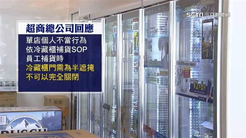 超商總公司表示，按照SOP流程，員工在補貨時，冷藏櫃門需為半遮掩，不可以完全關閉。