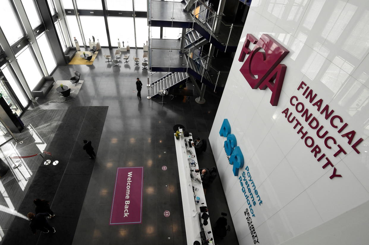 Financial advice Signage the Financial Conduct Authority (FCA), the Britain's financial regulatory body, and the Payment Systems Regulator (PSR) is seen at their head offices in London, Britain March 10, 2022. REUTERS/Toby Melville