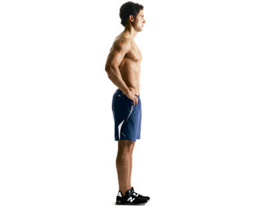 From a standing position, take a large step forward with one leg.