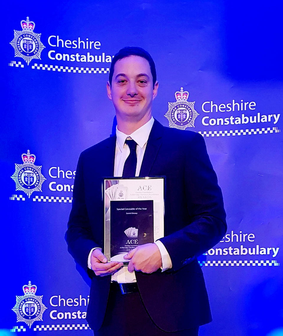 Daniel Glassey winning Cheshire Police, Special Constable of the Year, 2018.  A cop who was once dubbed Constable of the Year has been jailed for harassing and threatening to rape two ex girlfriends whose lives he made a living hell".  See SWNS story SWLEofficer.  Special constable Daniel Glassey bombarded the women with sickening abuse as part of a two-year campaign of controlling behaviour, a court heard.  He threatened to throw acid into the face of one partner and "kick her teeth" in.  Glassey, 30, also pulled her hair and spat at her during a horrendous relationship that left her feeling "trapped" and "living in fear".  Chester Crown Court heard how his campaign of control began when he "refused to accept" that a partner had left him in June 2018.  He barraged her with texts and phone calls for months demanding to know where she was and who she was with.  The court heard how he even demanded that she sent pictures to prove what she was doing.  However, Glassey - who was named as Cheshire Police's Special Constable of the Year in 2018 - had actually started a new relationship with a fellow copper in March of that year.  Glassey, of Warrington, Cheshire, admitted controlling and coercive behaviour and harassment during an earlier court hearing and was jailed for 27 months. 