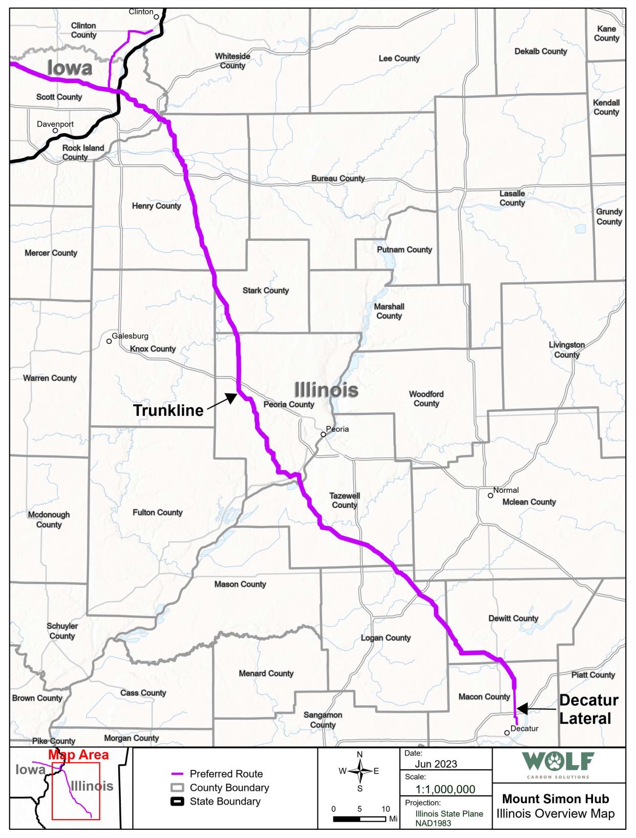 The route of the CO2 pipeline Wolf Carbon Solutions plans to build through Illinois.