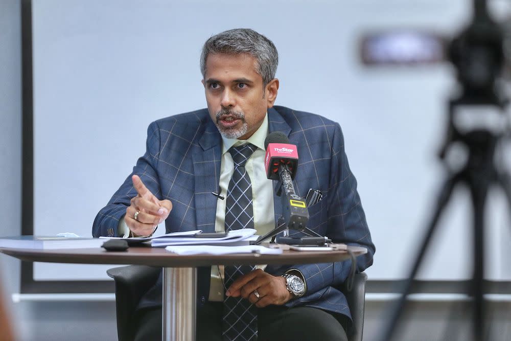 Malaysian Bar president AG Kalidas speaks during a press conference at Malaysia Bar council building March 13,2021. — Picture by Ahmad Zamzahuri