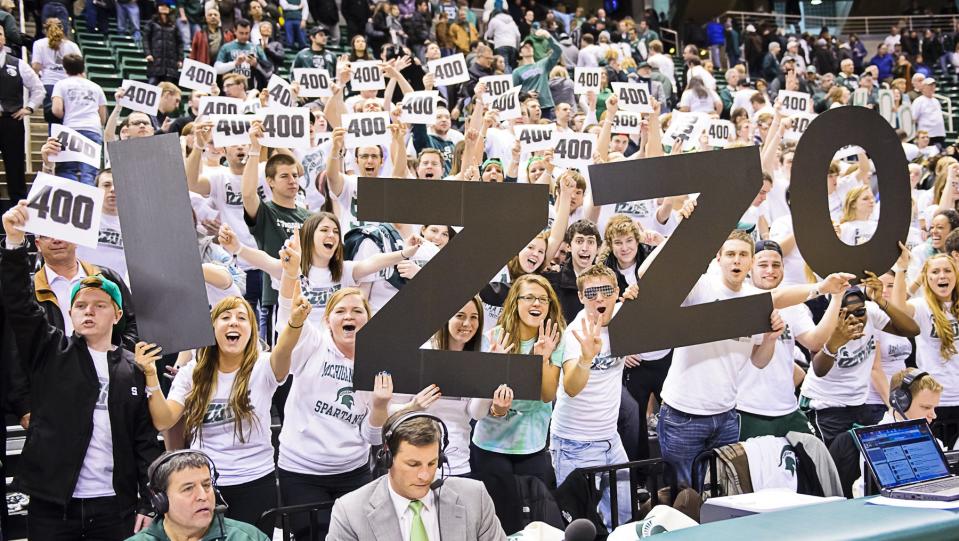 Members of the Izzone celebrate Tom Izzo's 400th career win after the Spartan's game with Minnesota on Wednesday, Jan. 25, 2012, at the Breslin Center in East Lansing.