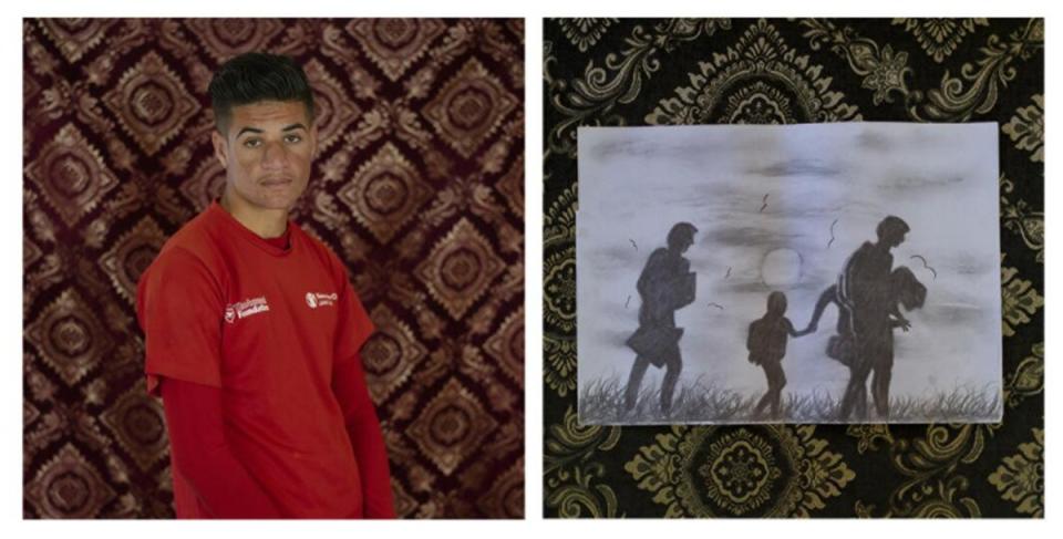 A portrait of Yamen in Za'atari refugee camp, alongside his drawing of his family fleeing Syria in 2013 (Charlie Forgham-Bailey/Save the Children)