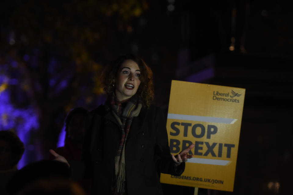 Liberal Democrat MEP Luisa Porritt speaks to supporters of the party outside the Houses of Parliament in London. (Photo by David Mirzoeff/PA Images via Getty Images)