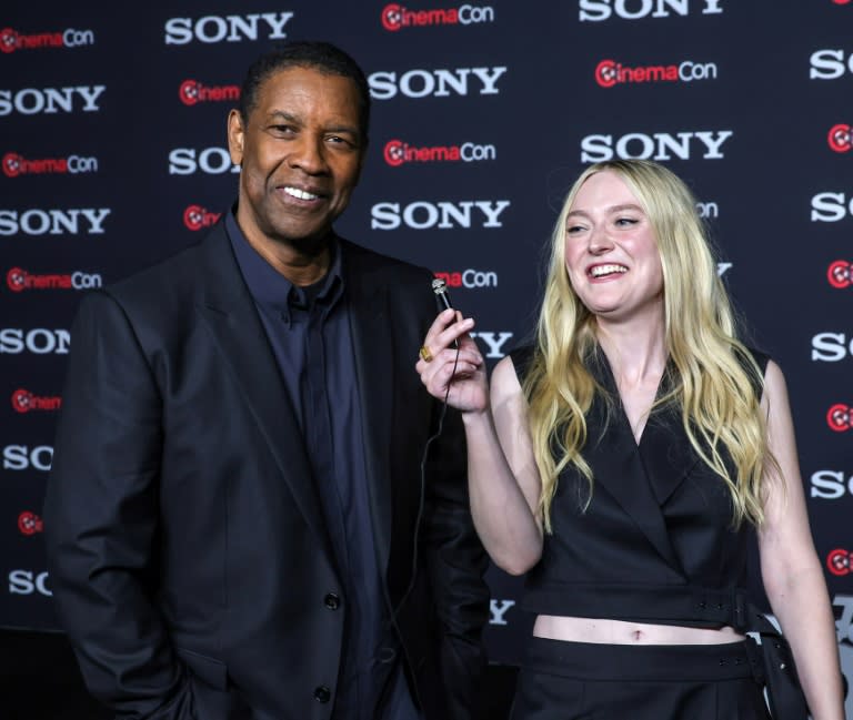 Denzel Washington and Dakota Fanning appear at an event in Las Vegas to promote 'The Equalizer 3' on April 24, 2023 (Ethan Miller)