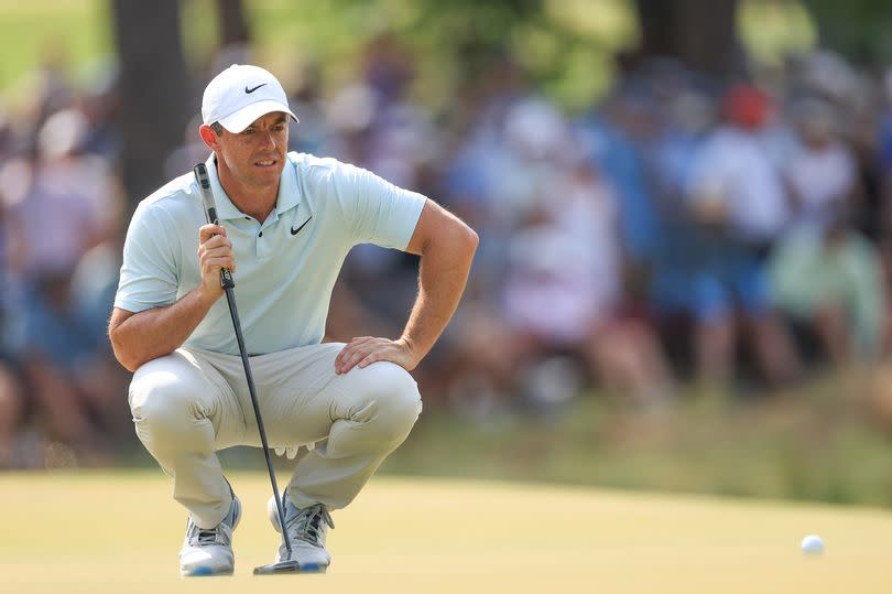 Rory McIlroy of Northern Ireland lines up a putt on the 10th hole during the final round of the 2024 U.S. Open Championship on the No.2 Course at The Pinehurst Resort on June 16, 2024 in Pinehurst, North Carolina.