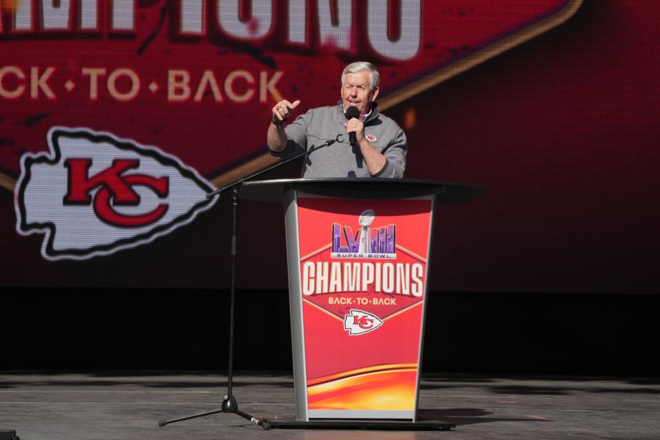 Missouri governor Mike Parson speaks during the celebration of the Kansas City Chiefs winning Super Bowl LVIII on Feb. 14, 2024.