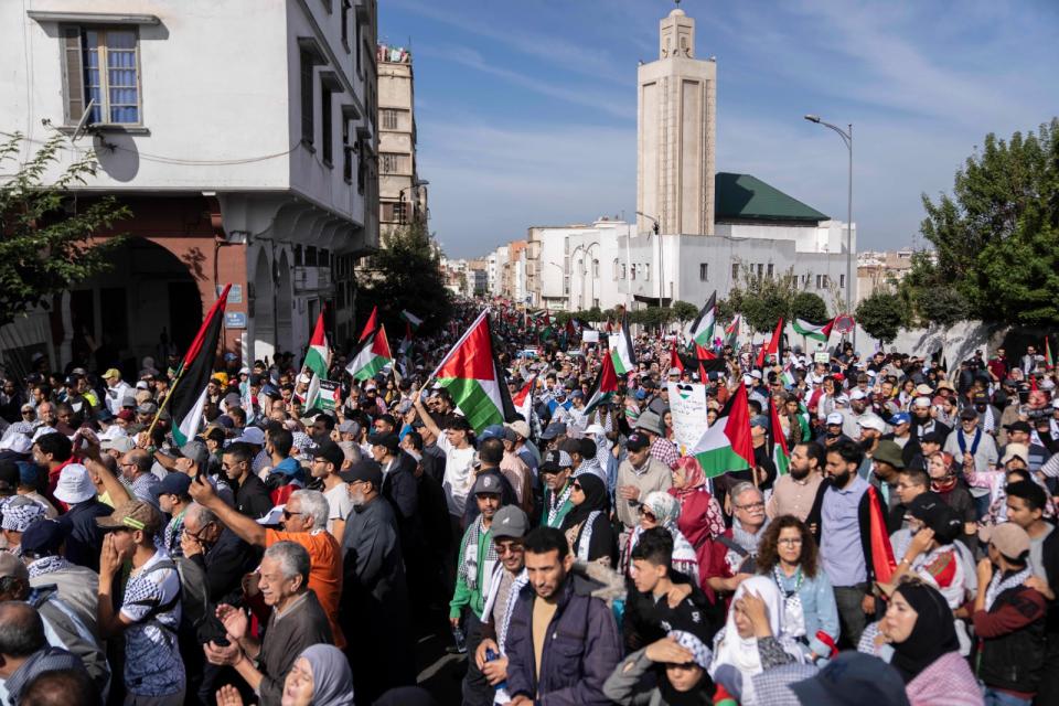 2023年10月29日，摩洛哥卡薩布蘭卡聲援巴勒斯坦的活動。美聯社