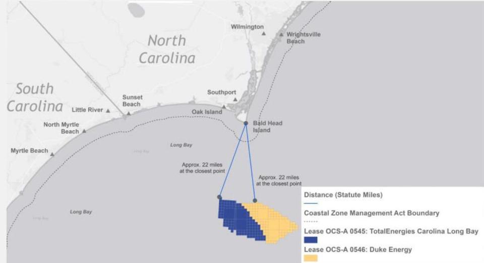 The pair of wind farms are proposed to be built in an ocean area south of Bald Head Island in Brunswick County.