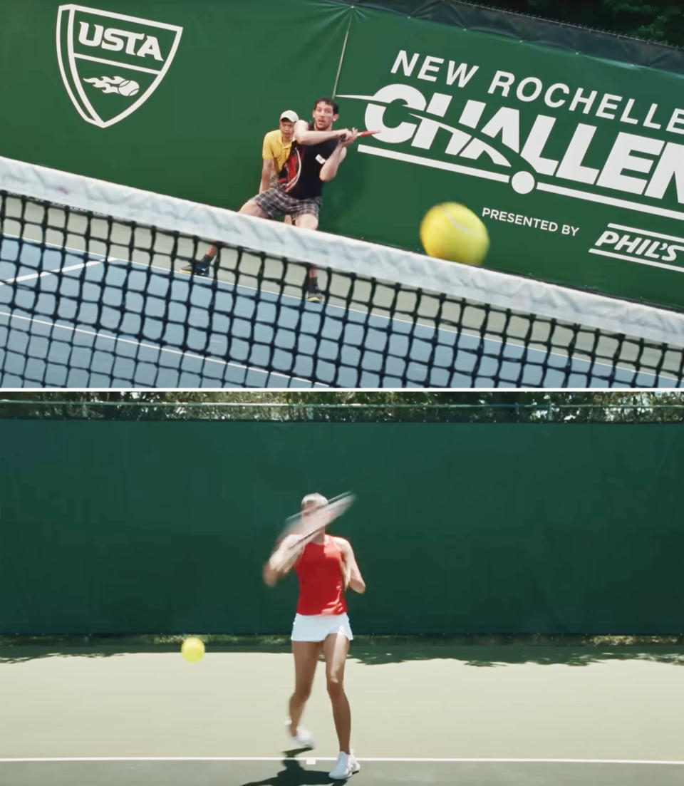 Close-ups of Tashi and Patrick playing tennis in Challengers