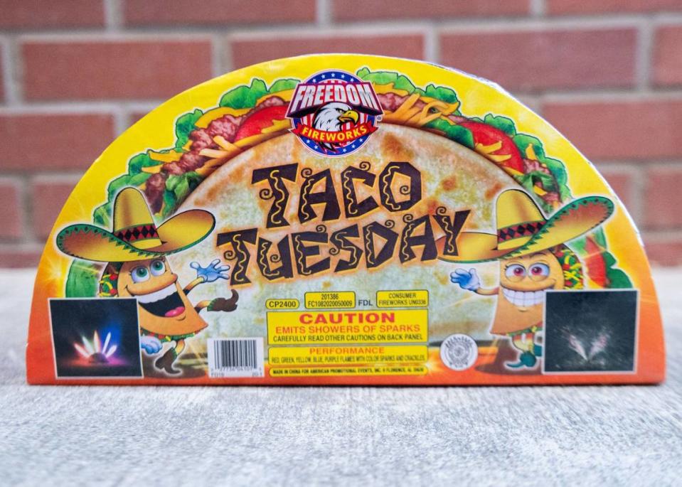 “Taco Tuesday” sits on the ground before testing on Monday. This Freedom Fireworks fountain had colored flames and colored sparks.