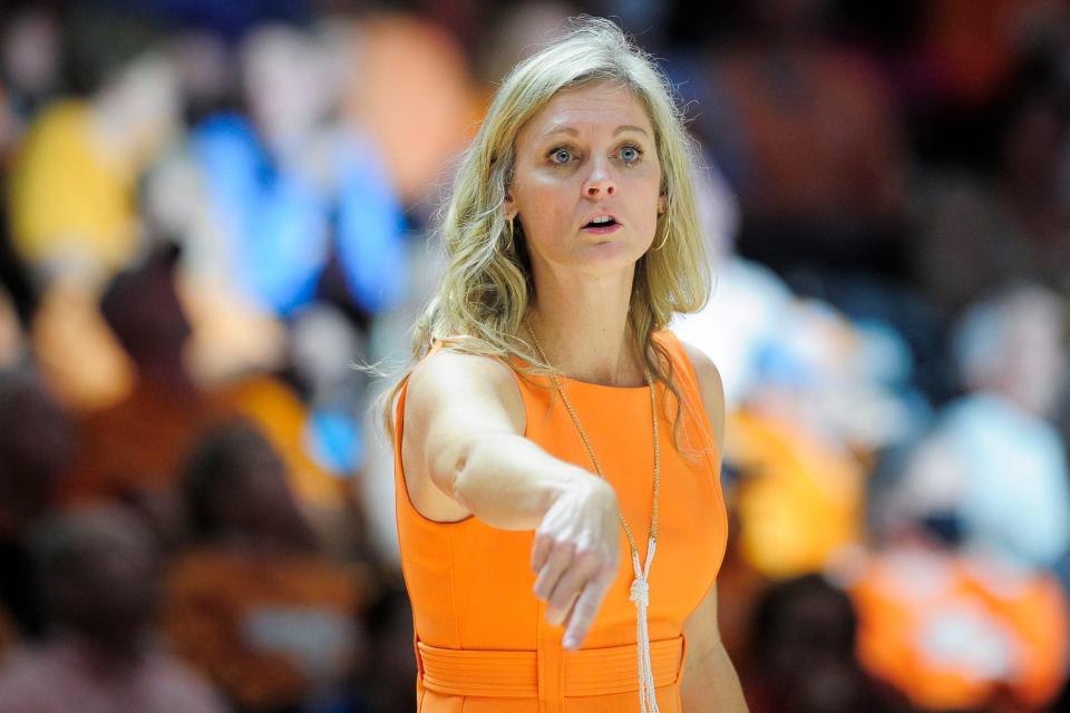 Tennessee Head Coach Kellie Harper calls during a game between Tennessee and Stanford at Thompson-Boling Arena in Knoxville, Tenn. on Saturday, Dec. 18, 2021.